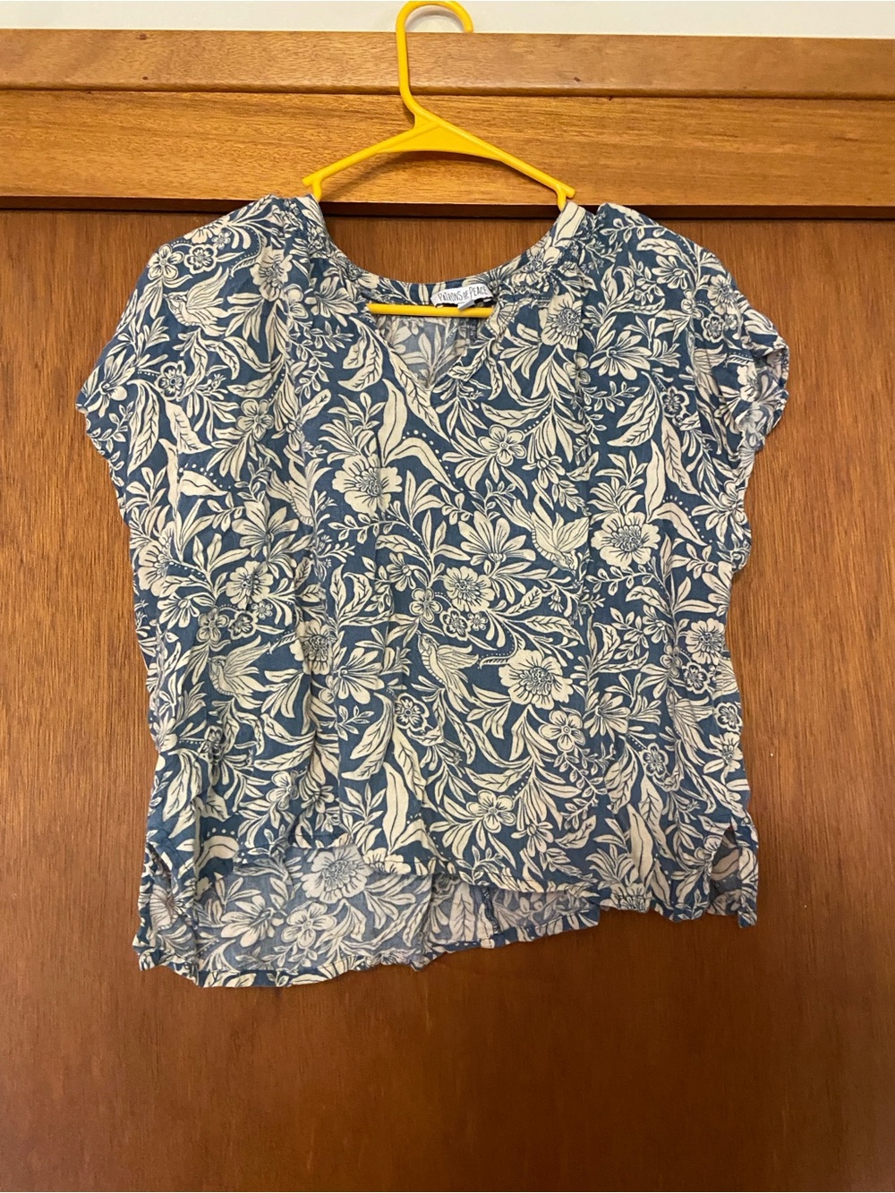 Patrons of Peace Blue and White Floral V-Neck Short Sleeve Top